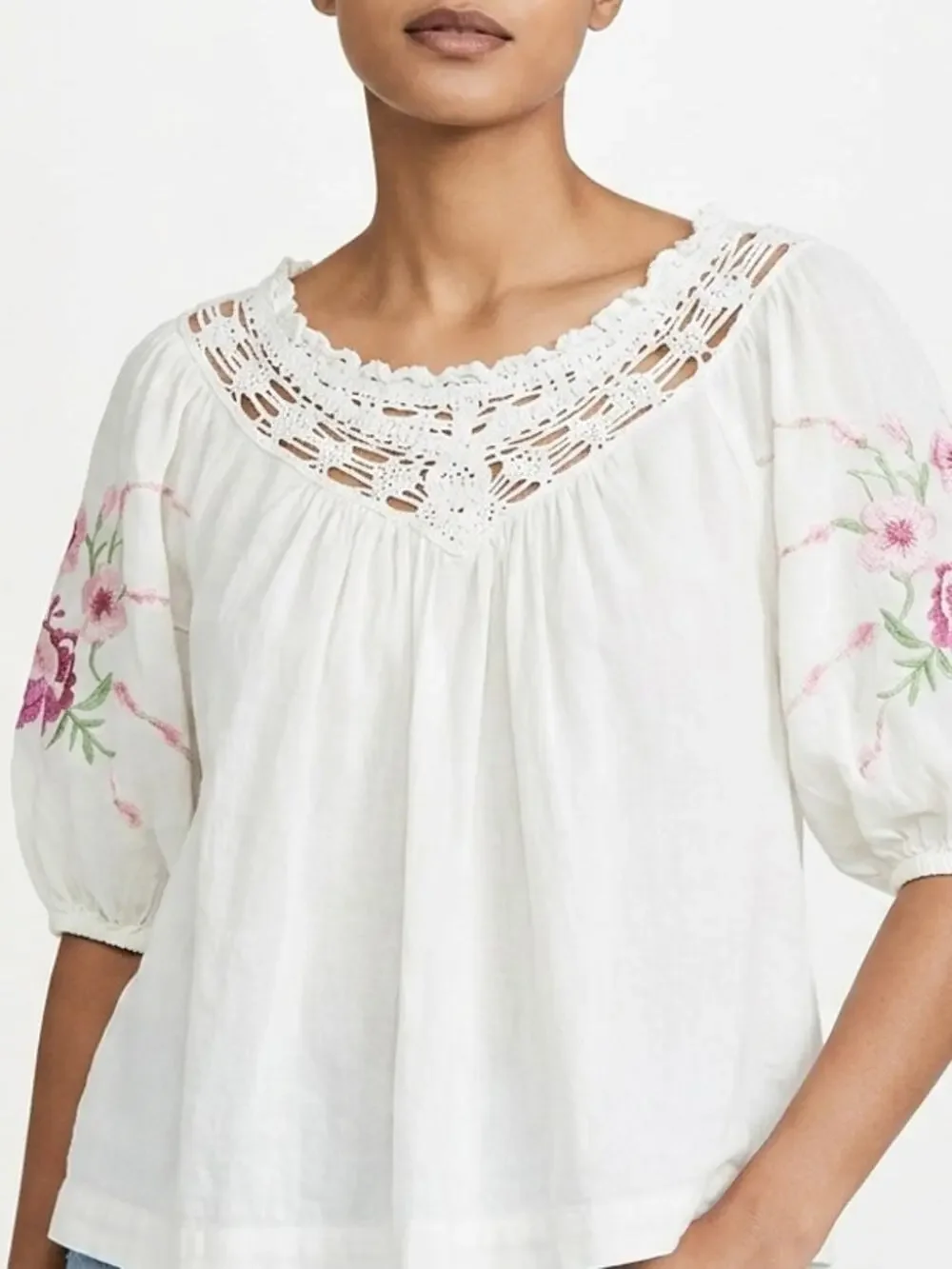 Free People White Peasant Embroidered Crochet 3/4 Puff Sleeve Women Size XS